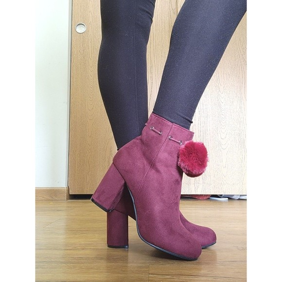 Yoki Burgundy Heeled Boots with Pom Pom - Picture 1 of 6